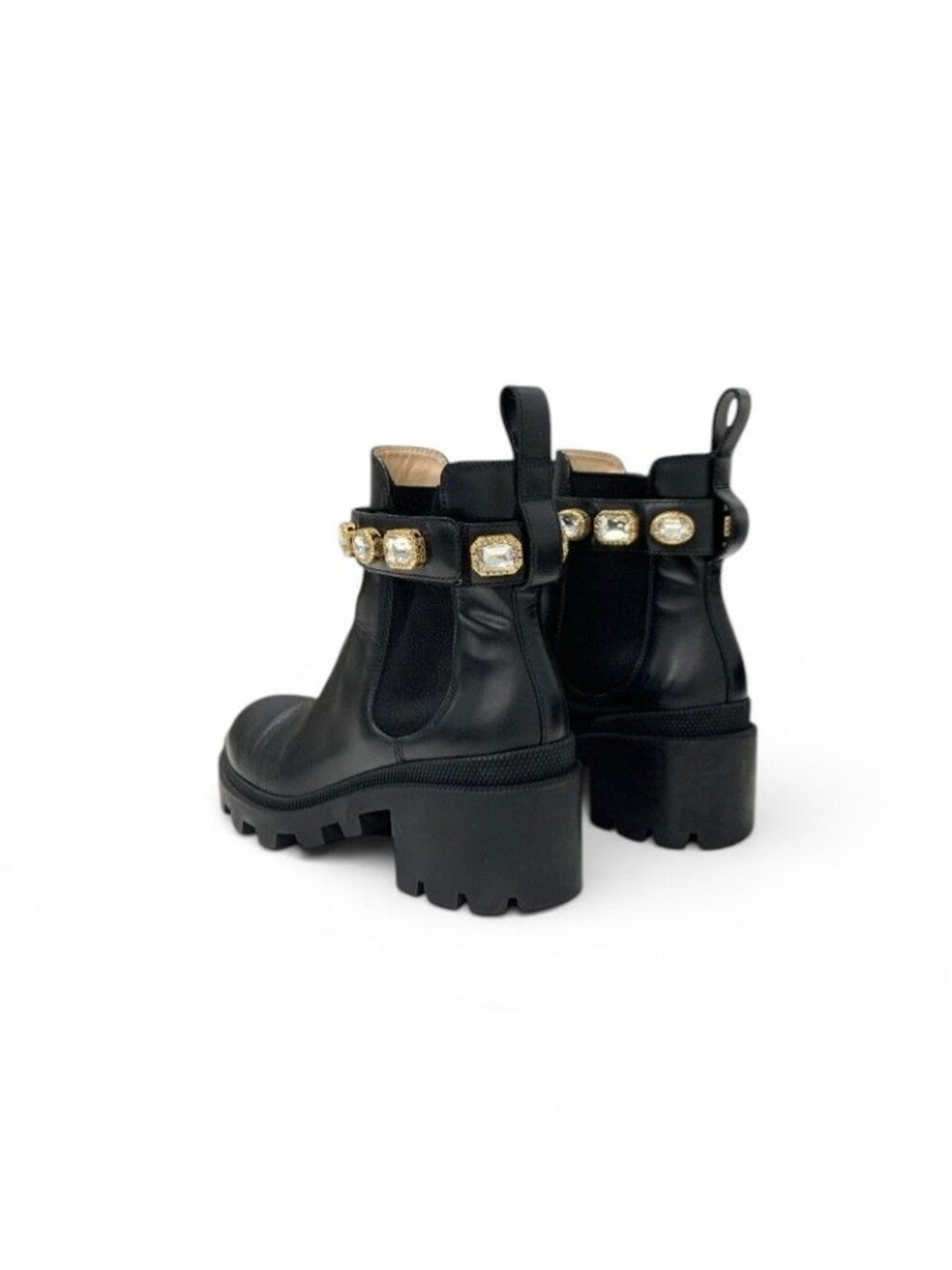 Gucci Short Boots Shoes Leather Black Bijoux GG Marmont Belt Side Gore - Picture 4 of 10